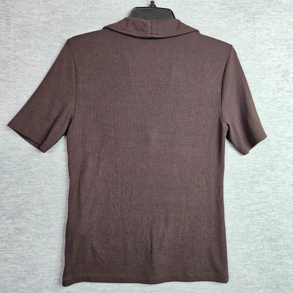 Madewell Womens Top M Brown Ribbed Collared V Neck Short Sleeve Casual